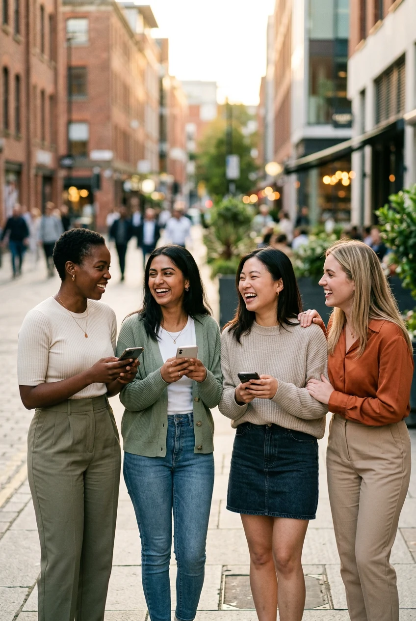 A diverse group of women connected and looking out for one another