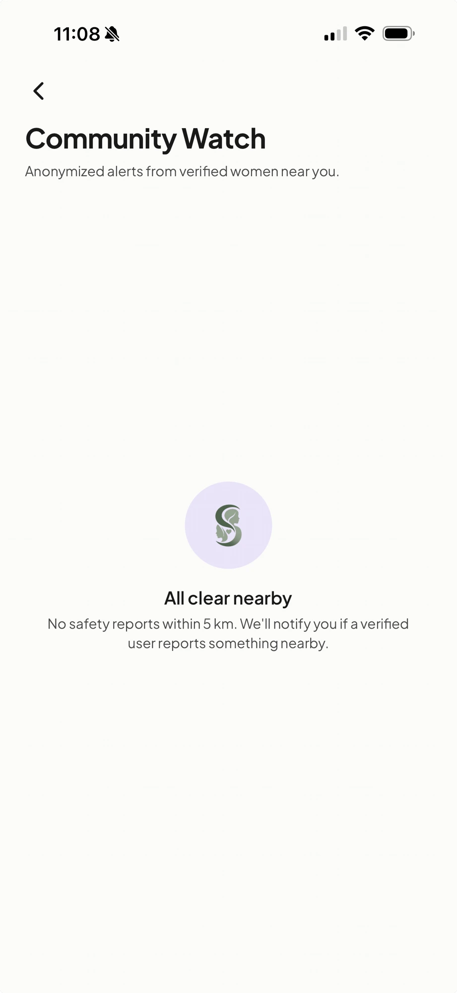SisterSafe Community Watch screen showing all clear nearby