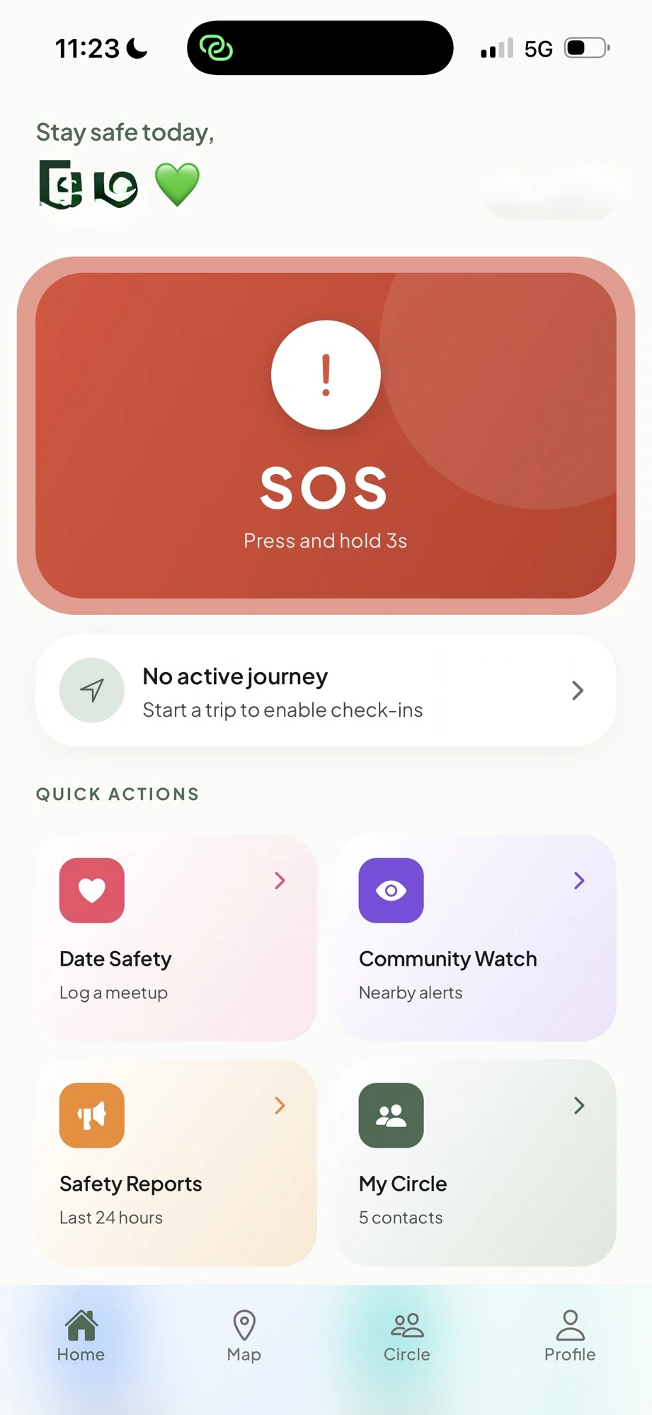 SisterSafe home screen with SOS and quick actions