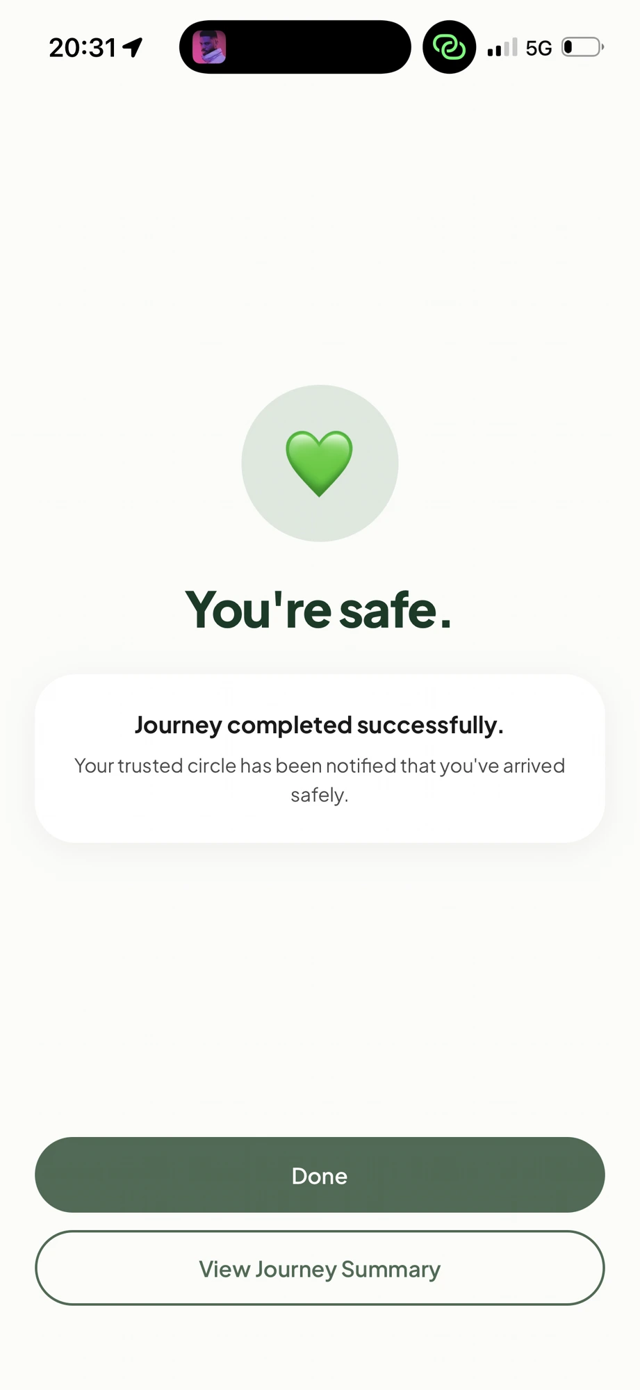 SisterSafe Safe Journey completed screen